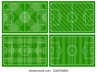 Set of four football fields with different green grass ornaments. Soccer field for playing. Vector illustration
