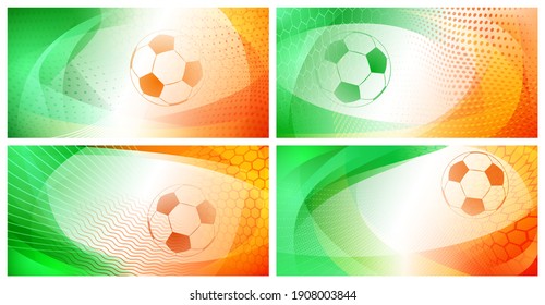 Set von vier abstrakten Fußball- oder Fußball-Hintergründen mit großem Ball in irischen Nationalfarben