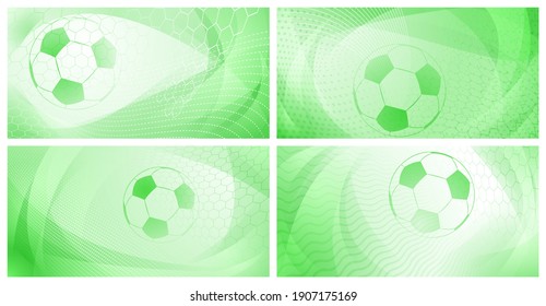 Set of four football or soccer backgrounds with big ball in light green colors