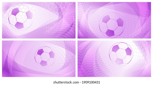 Set of four football or soccer backgrounds with big ball in light purple colors