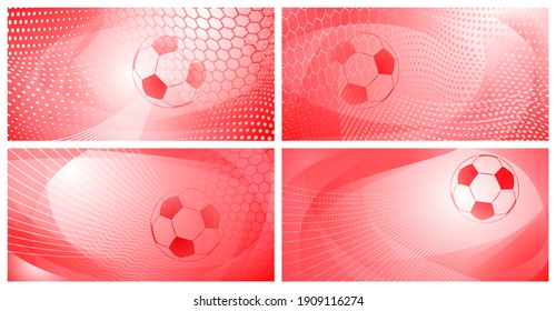 Set of four football or soccer backgrounds with big ball in light red colors