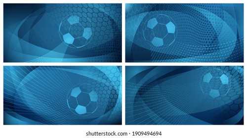 Set of four football or soccer backgrounds with big ball in light blue colors