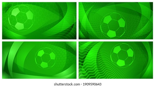 Set of four football or soccer backgrounds with big ball in green colors