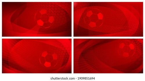 Set of four football or soccer backgrounds with big ball in red colors