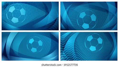 Juego de cuatro antecedentes de fútbol o fútbol con una gran pelota en colores azul claro