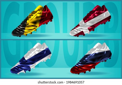 Set Of Four Football Soccer Boots Cleats, Isolated On A Blue Background, Group B: Belgium, Denmark, Finland, Russia, Vector Illustration