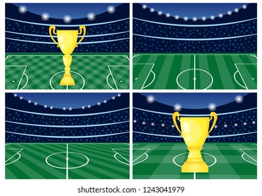Set of four football stadiums with a golden cup on green grass. Soccer field for playing. Vector illustration