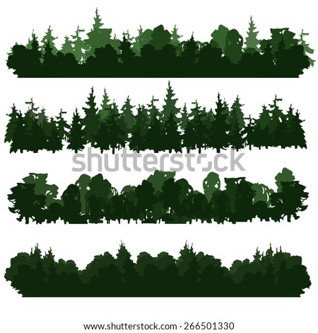 Set of four forest silhouettes. Hand drawn. Different hues. Vector illustration. Different types of forest. Stylized drawing