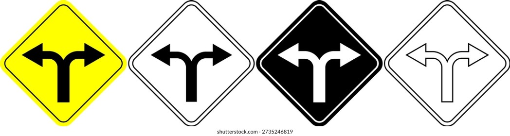 Set of four fork in the road traffic signs in yellow, black, and white outline diamond shapes