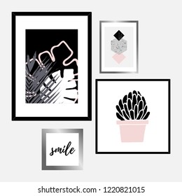 A set of four framed art prints in black, gray, pastel pink and white arranged in a beautiful and stylish composition. Abstract art posters, printable greeting cards, t-shirt designs.