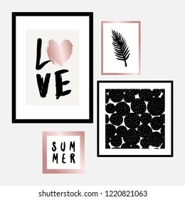 A set of four framed art prints in black, gray, rose gold and white arranged in a beautiful and stylish composition. Abstract art posters, printable greeting cards, t-shirt designs.