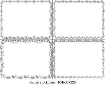 Set of four framed backgrounds with swirl border design elements, hand drawn vector illustration