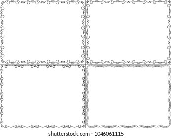 Set of four framed patterns with swirl border design elements, hand drawn vector illustration