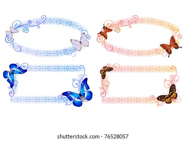Set of four frames with flowers and bright butterflies