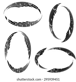 Set of four frames in grunge style. Black color, oval shape. Vector eps 10.