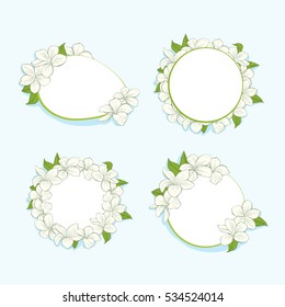 Set of four frames with plumeria flowers. Vector illustration
