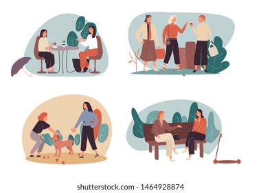 Set of four Free Time cartoon concepts with women spending time together, enjoying coffee, walking in an urban park, walking the dog and sitting chatting on a park bench. Flat Vector illustration.