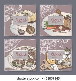 Set of four French cuisine banner templates. Includes color hand drawn sketch of onion soup, coq au vin, cheese plate, escargots. Great for restaurants, cafes, recipe and travel books.