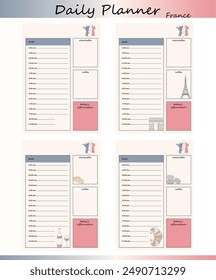 A set of four French-themed daily planner templates. Each template includes sections for scheduling, notes, reminders, and daily affirmations. Minimalistic and modern design