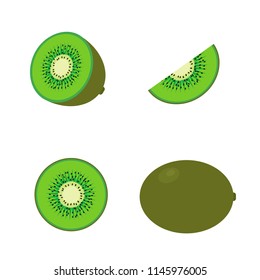Set of four fresh kiwi different views: whole, half, slice.  Tropical fruits isolated on white. Natural organic food concept. Flat vector illustration. Easy to edit template for your design projects.