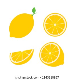 Set of four fresh lemons different views: whole, half, slice.  Natural organic fruits isolated on white background. Flat vector illustration. Easy to edit template for your design projects.