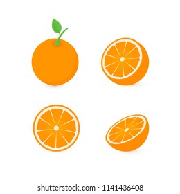 Set of four fresh oranges different views: whole, half, slice.  Natural organic fruits isolated on white background. Flat vector illustration. Easy to edit template for your design projects.