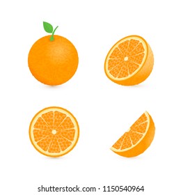 Set of four fresh oranges different views (whole, half, slice, cone) with green leaf.  Natural organic fruits isolated on white. 3d realistic orange vector illustration. Easy to edit template.