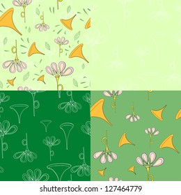 Set of four fresh spring seamless patterns: green background with music pipes and flowers and leaves.
