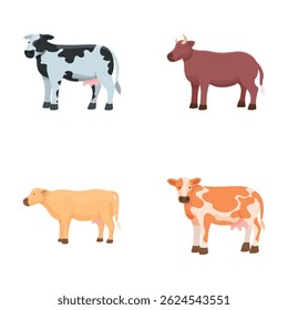 Set of four friendly cartoon cows, each with a unique color and design, isolated on a white background