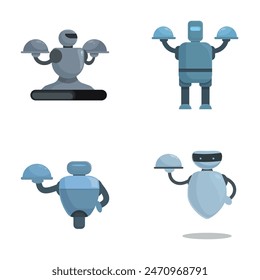 Set of four friendly cartoon robot butlers designed for service, presenting dishes on trays