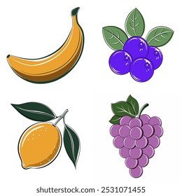 A set of four fruit images, including a banana, a lemon, a blueberry, and a grape