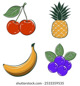 Um conjunto de quatro imagens de frutas, incluindo uma banana, cereja, abacaxi e mirtilo. As imagens são desenhadas de forma estilizada e cartunista, com a cereja e o abacaxi tendo uma aparência mais exótica