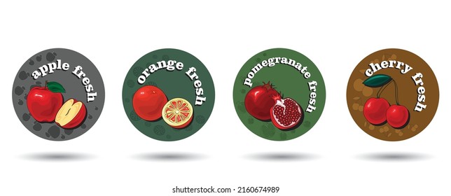 Set of four fruit juice labels. For use in the menu of cafes, restaurants, bottles. Apple, cherry, pomegranate, orange. Vector, print-ready layout.