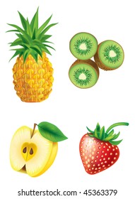 Set of four fruit - pineapple, kiwi, apple, strawberry