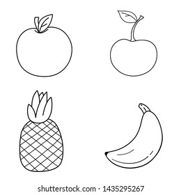 Set of four fruits. Apple, Cherry, Pineapple, Banana. Vector line illustration isolated on white background.