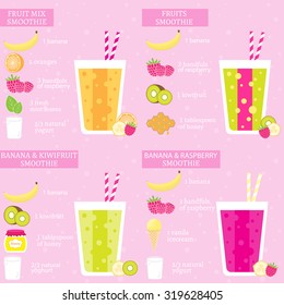 Set of four fruits recipes with banana. Menu element for cafe or restaurant with energetic fresh drink made in flat style. Fresh juice for healthy life. Organic raw shake. Vector illustration.