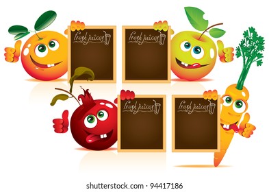 set of four fruits with smiling faces and bulletin board