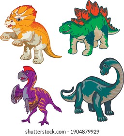 Set of four full color cartoon stylized dinosaurs