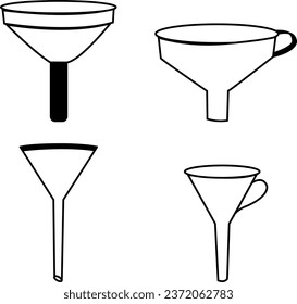 Ilustración vectorial de cuatro túneles | Colección vectorial con cuatro embudos diferentes, útiles para diversas aplicaciones de vertido de líquidos e ingredientes.