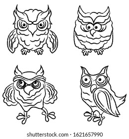 Set of four funny and amusing owls outlines isolated on the white background, hand drawing illustration