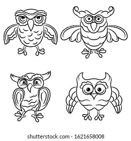 Set of four funny and amusing owls black outlines isolated on the white background, hand drawing illustration