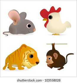 Set of four funny animals - mouse, cock, tiger, monkey