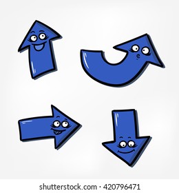 Set of four funny blue arrows with expressions (vector)