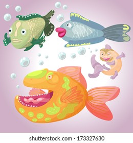 Set of four funny bright fish