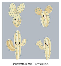 Set of four funny cactus. Childish style. Emotion icon. Floral background. Cartoon succulent.