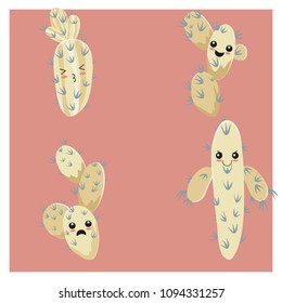 Set of four funny cactus. Childish style. Emotion icon. Floral background. Cartoon succulent.