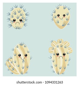 Set of four funny cactus. Childish style. Emotion icon. Floral background. Cartoon succulent.
