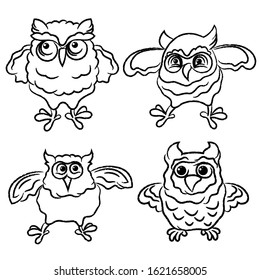 Set of four funny cartoon owls outlines isolated on the white background, hand drawing illustration