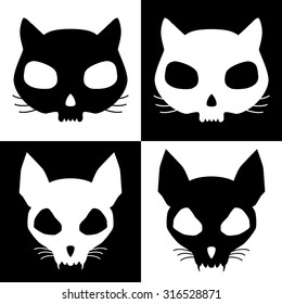 Set of four funny cat skulls silhouettes in black and white.