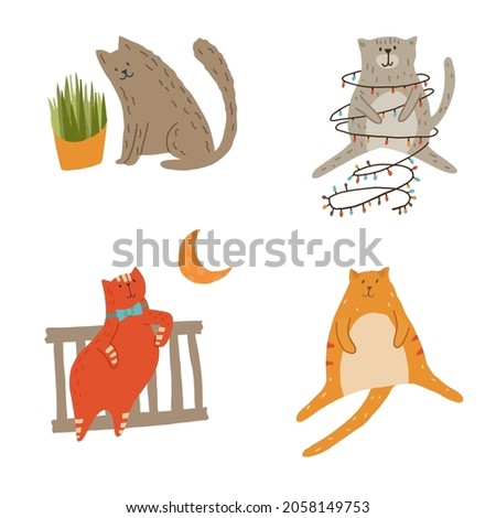 Set of four funny cats, looking at grass, sitting like a Christmas tree, lookin at moon in romantic mood, chubby cat sitting funny. Vector illustration cartoon in flat style.